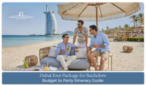 Group of bachelor friends enjoying a Dubai tour with desert safari, city skyline views, luxury attractions, and nightlife experiences.