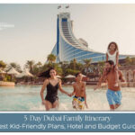 A family exploring Dubai’s top kid-friendly attractions during a 5-day itinerary, including beaches, malls, desert safari, and theme parks.