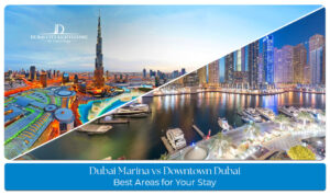 View comparing Dubai Marina’s waterfront skyscrapers with Downtown Dubai’s iconic city skyline and landmarks.