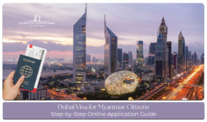 Dubai skyline and tourist attractions representing a travel guide for Myanmar citizens applying for a Dubai visa.