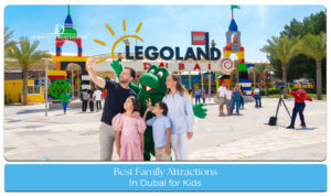 Family enjoying popular attractions in Dubai, including theme parks, beaches, aquariums, and iconic city landmarks.
