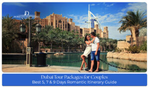 Romantic couple enjoying a Dubai holiday with luxury experiences, iconic landmarks, and stunning city views.