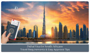 South African traveler preparing for a Dubai trip with passport, visa documents, and Dubai skyline in the background.