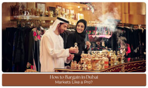 Tourist bargaining with a shopkeeper in a traditional Dubai market surrounded by colorful goods and souvenirs.