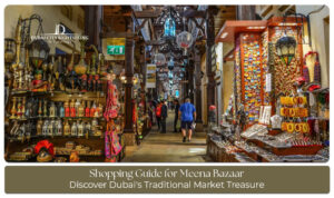 Shoppers exploring Meena Bazaar in Dubai, browsing traditional clothing, jewelry, spices, and souvenirs.