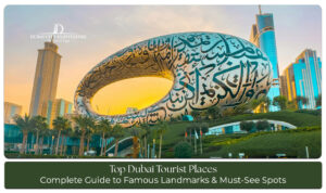 Dubai’s top tourist attractions featuring Burj Khalifa, Dubai Marina, Palm Jumeirah, and vibrant city views.