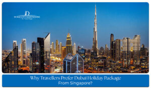 Couple and family enjoying a Dubai holiday package from Singapore with iconic landmarks, luxury experiences, and desert adventures.