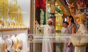 Travellers shopping at Dubai Gold Souk and Spice Souk during a lively evening market experience