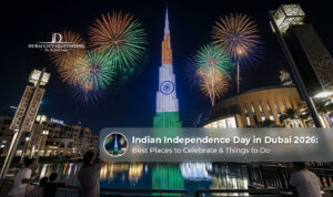 Indian Independence Day celebrations in Dubai with tricolour decorations.