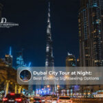 Dubai city tour at night showcasing illuminated landmarks and vibrant streets.