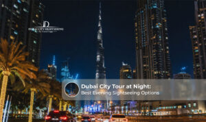 Dubai city tour at night showcasing illuminated landmarks and vibrant streets.