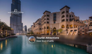 Popular Dubai landmarks and attractions surrounding the Burj Khalifa.
