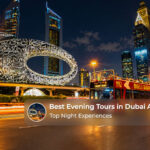 Dubai skyline illuminated at dusk, with sparkling city lights and visitors enjoying evening sightseeing after work.
