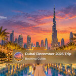 Travellers enjoying Dubai's pleasant December weather with stunning skyline views and festive seasonal attractions.