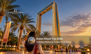 Travellers enjoying Diwali celebrations and festive attractions during a Dubai holiday.