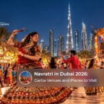 Navratri celebrations in Dubai 2026 featuring traditional Garba dancing, colourful Indian outfits and Dandiya sticks